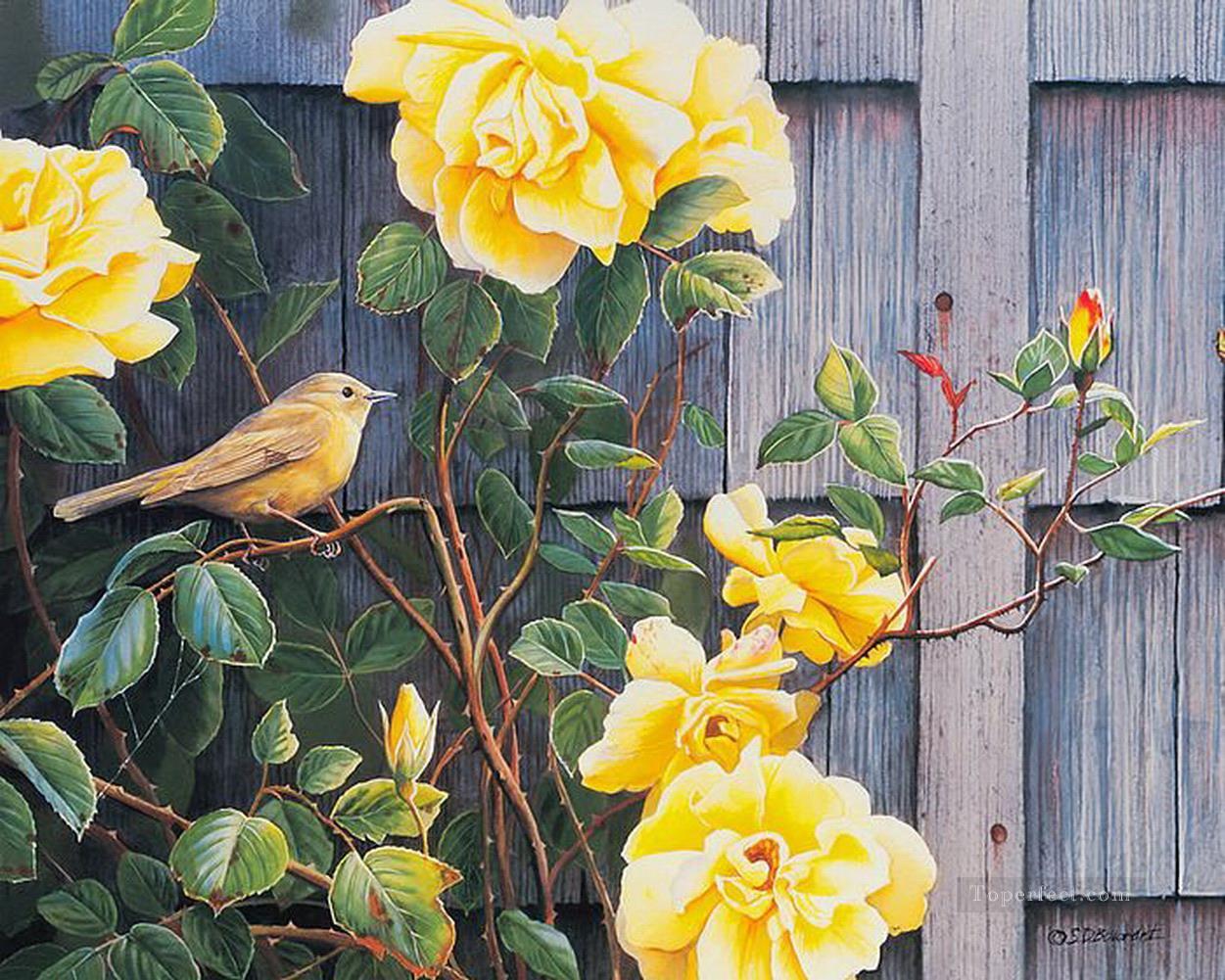 bird and yellow rose Oil Paintings